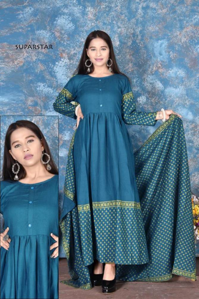 Ss Kurtis Super Star Shine Heavy Art Festive Wear Fancy Designer Printed Rayon Anarkali Kurtis With Dupatta Collection